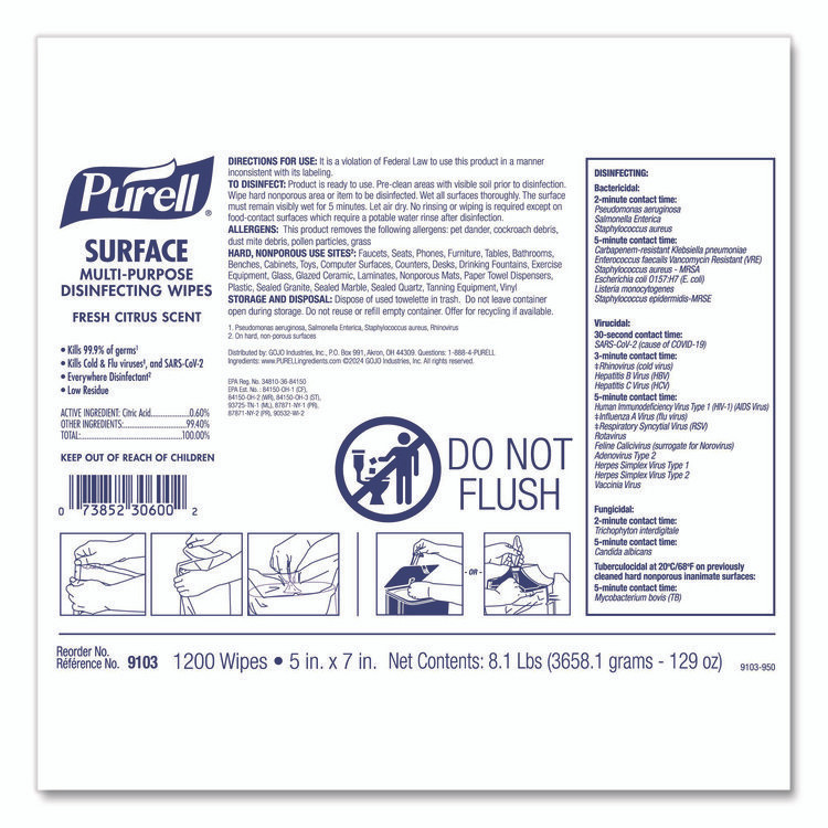 GO-JO INDUSTRIES PURELL® 910302CT Surface Multi-Purpose Disinfecting Wipes, 1-Ply, 5 x 7, Fresh Citrus, White, 2/Carton