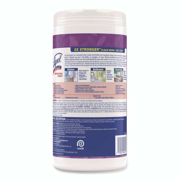 RECKITT BENCKISER LYSOL® Brand 56264CT Disinfecting Wipes, 1-Ply, 7 x 7.25, Lavender and Cotton Blossom, White, 80 Wipes/Canister, 6 Canisters/Carton