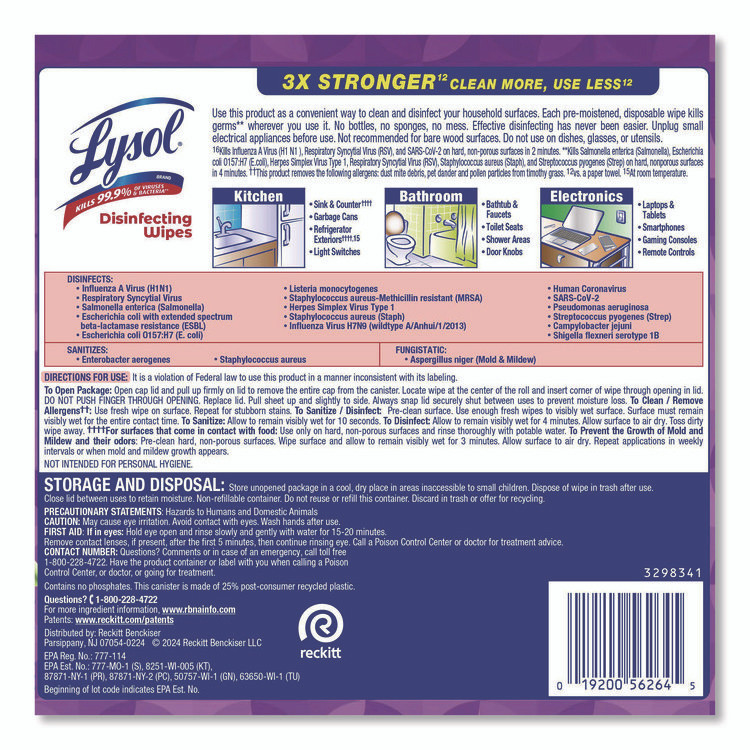 RECKITT BENCKISER LYSOL® Brand 56264CT Disinfecting Wipes, 1-Ply, 7 x 7.25, Lavender and Cotton Blossom, White, 80 Wipes/Canister, 6 Canisters/Carton