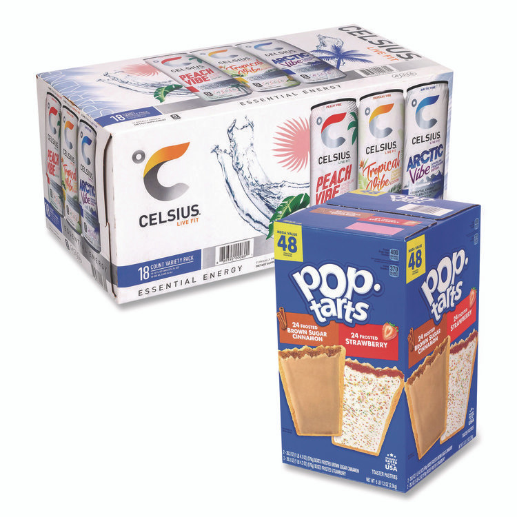 KELLOGG'S 60004172 Celcius Vibe and Pop Tarts Variety Combo Pack,(18) 12oz Cans,(24) Frosted Strawberry/(24) Frosted Brown Sugar Cinnamon/Bundle