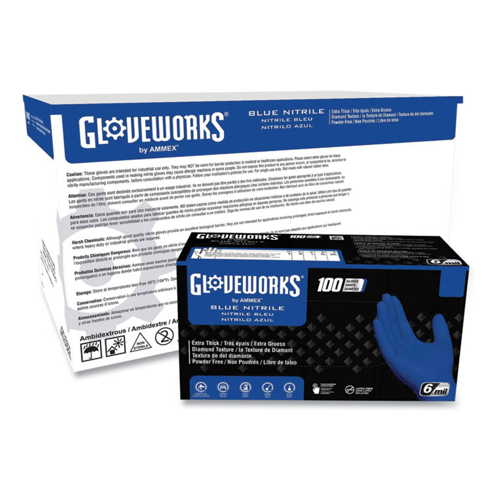 AMMEX CORPORATION GloveWorks® by GWRBN46100 Heavy-Duty Industrial Nitrile Gloves, Powder-Free, Large, 6 mil Thick, 9.5" Long, Royal Blue, 100/Box, 10 Boxes/Carton