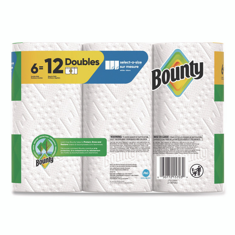 PROCTER & GAMBLE Bounty® 15703 Select-a-Size Kitchen Roll Paper Towels, 2-Ply, 6 x 11, White, 82 Sheets/Double Roll, 6 Rolls/Carton