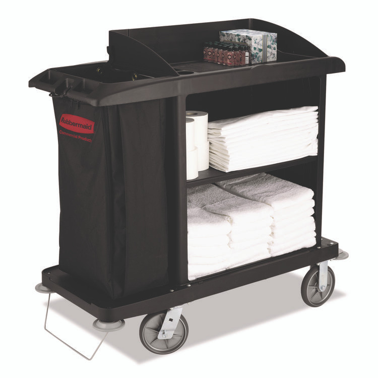 RUBBERMAID COMMERCIAL PROD. 6190 BLA Multi-Shelf Cleaning Cart, Plastic, 4 Shelves, 1 Bin, 22" x 49" x 50", Black