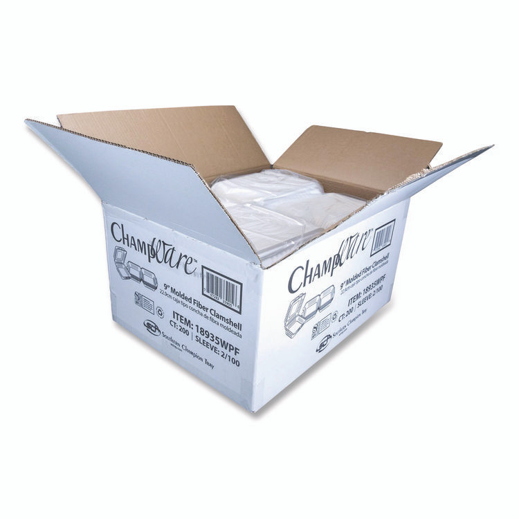 SOUTHERN CHAMPION TRAY SCT® 18935WPF ChampWare Molded-Fiber Clamshell Containers, 9 x 9 x 3, White, 100/Sleeve, 2 Sleeves/Carton