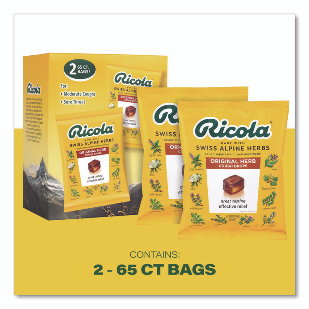RICOLA 22002532 Cough Drops, Original Herb, 65/Bag, 2 Bags/Pack