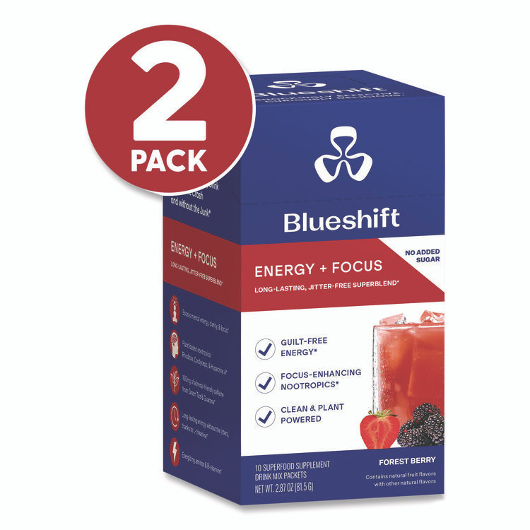 BLUESHIFT NUTRITION 60004167 Energy and Focus Forest Berry Drink Mix, 0.24 oz Packets, 10/Pack, 2 Packs/Carton