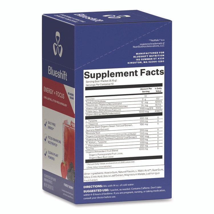 BLUESHIFT NUTRITION 60004167 Energy and Focus Forest Berry Drink Mix, 0.24 oz Packets, 10/Pack, 2 Packs/Carton