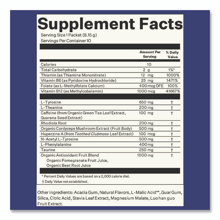 BLUESHIFT NUTRITION 60004167 Energy and Focus Forest Berry Drink Mix, 0.24 oz Packets, 10/Pack, 2 Packs/Carton