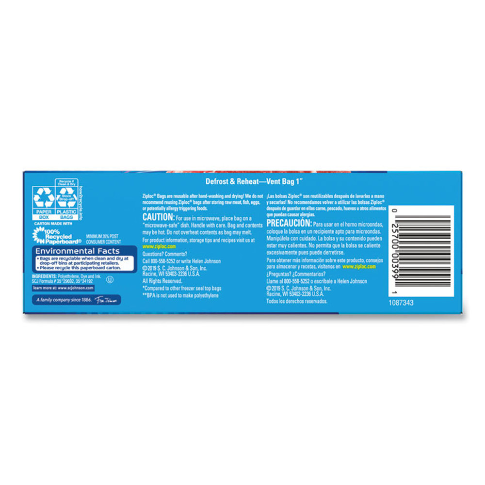 SC JOHNSON Ziploc® 314443 Zipper Freezer Bags, 16 oz, 7" x 5", Clear, 240/Carton