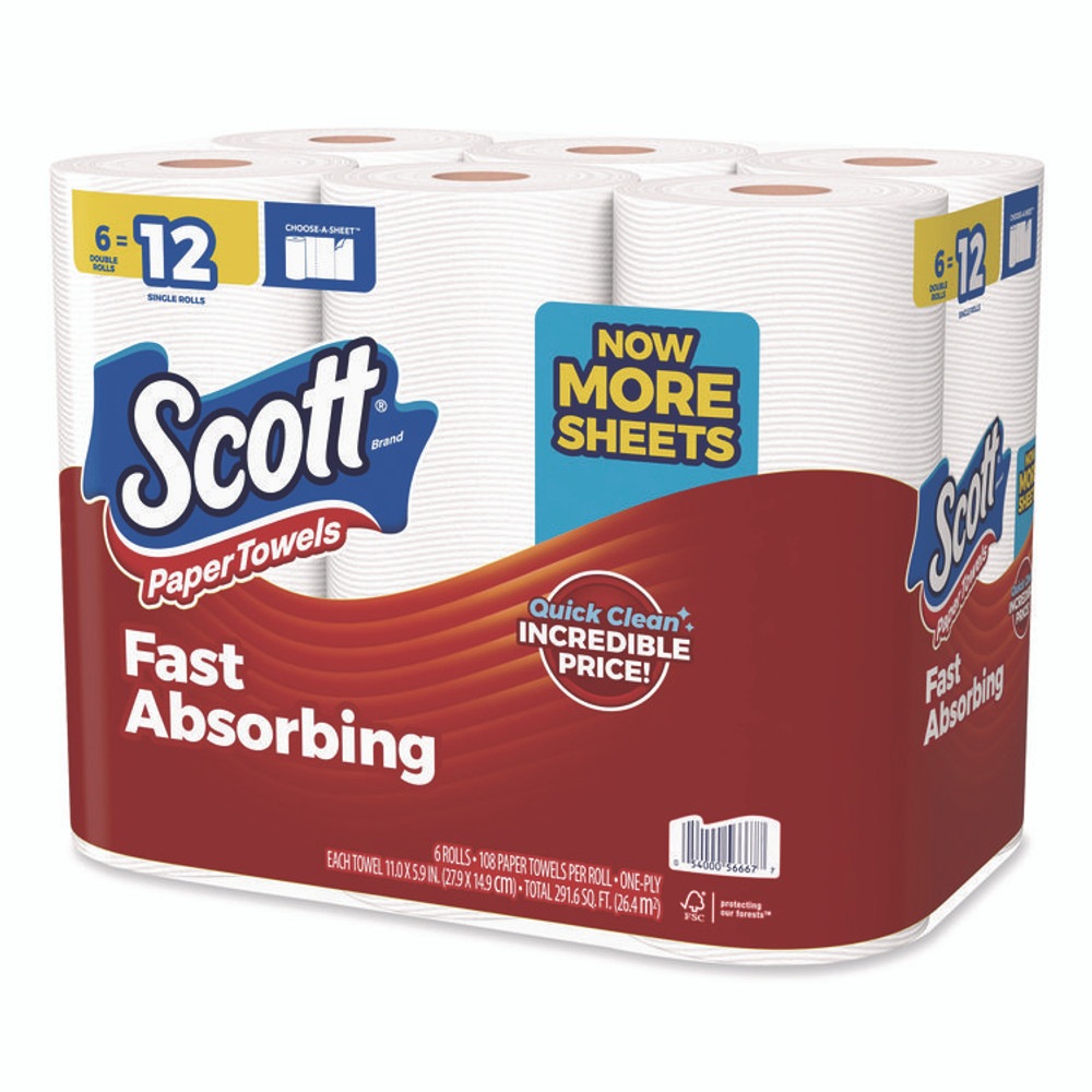 KIMBERLY-CLARK PROFESSIONAL Scott® 56668 Choose-a-Size Mega Kitchen Roll Paper Towels, 1-Ply, 108/Roll, 6 Rolls/Pack, 4 Packs/Carton