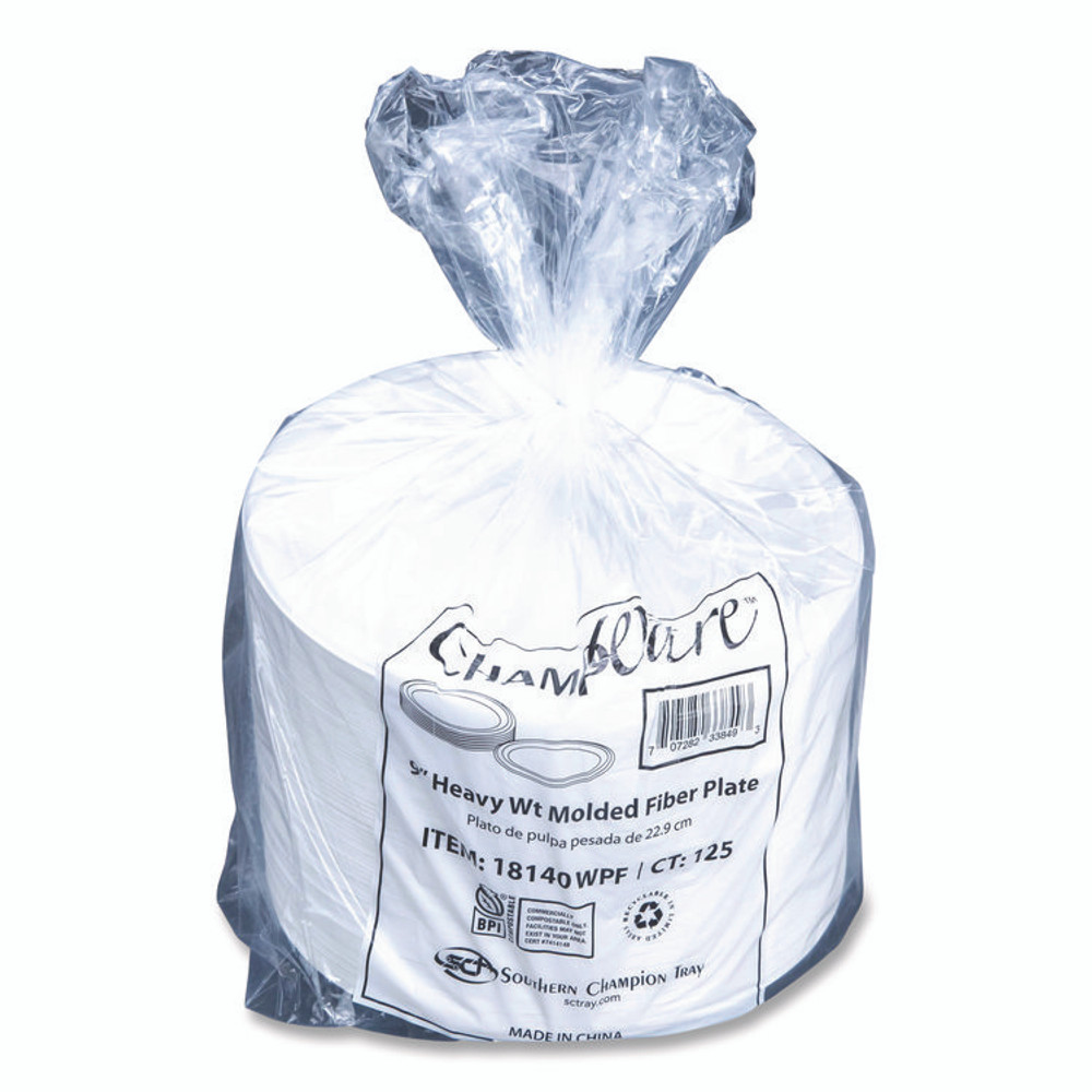 SOUTHERN CHAMPION TRAY SCT® 18140WPF ChampWare Molded Fiber Tableware, Molded Fiber Plate, 9" dia, White, 125 Plates/Sleeve, 4 Sleeves/Carton