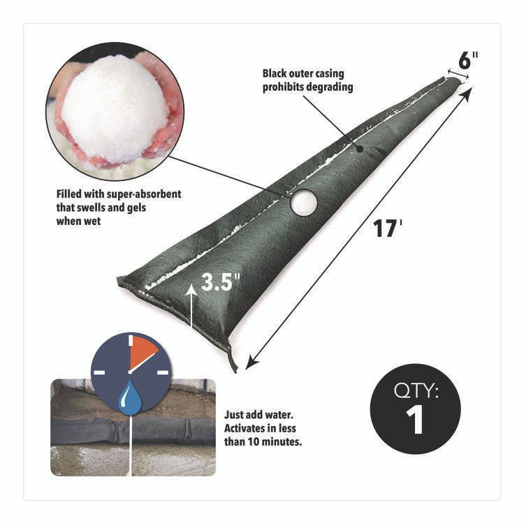 ABSORBENT SPECIALTY PRODUCTS Quick Dam™ QD6171 Flood Barriers, 6" x 17 ft x, 3.5", 1 Barrier