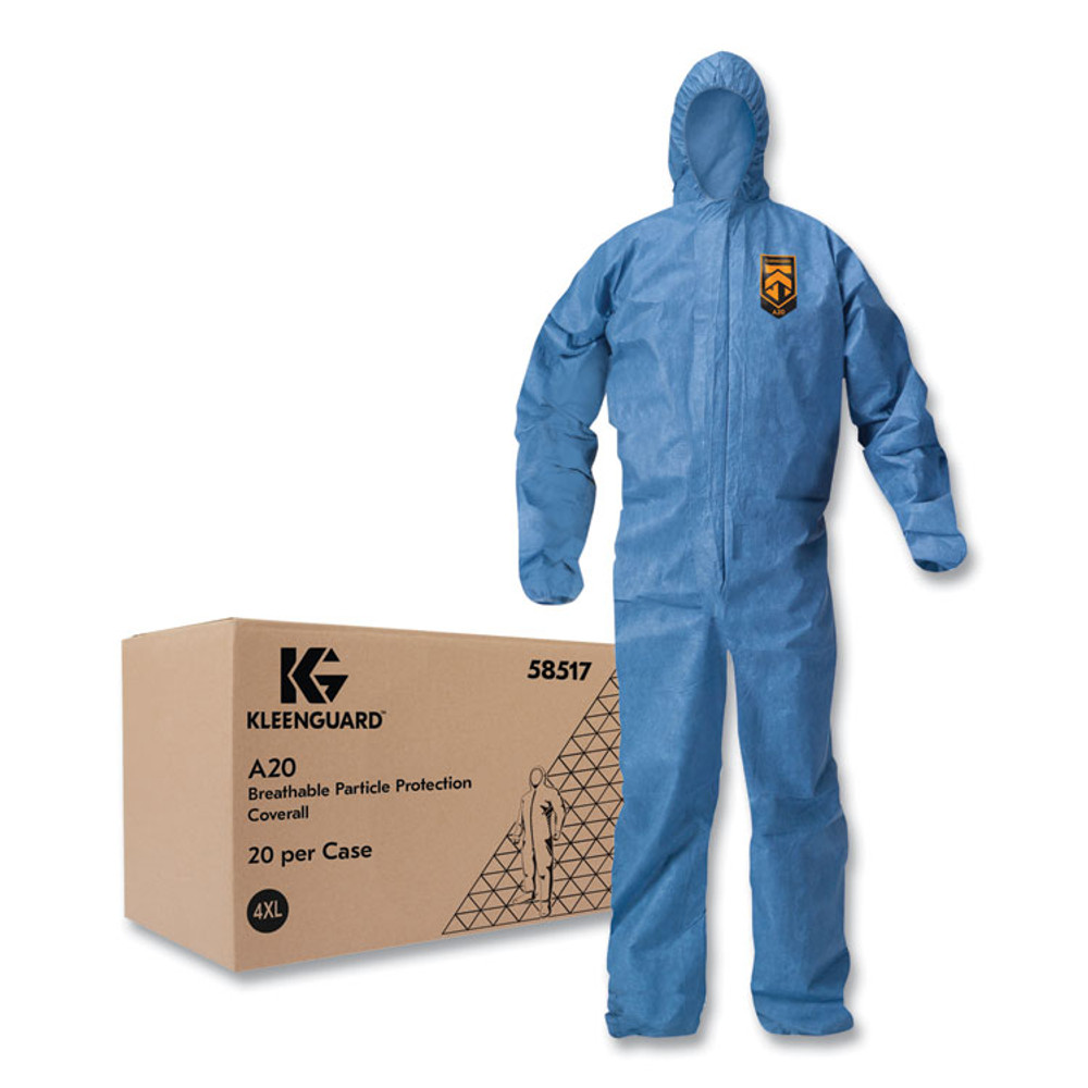 SMITH AND WESSON KleenGuard™ 58517 A20 Breathable Particle Protection Coveralls, Zip Front, Hood, Elastic Back, Wrists, Ankles, 4X-Large, Blue, 20/Carton