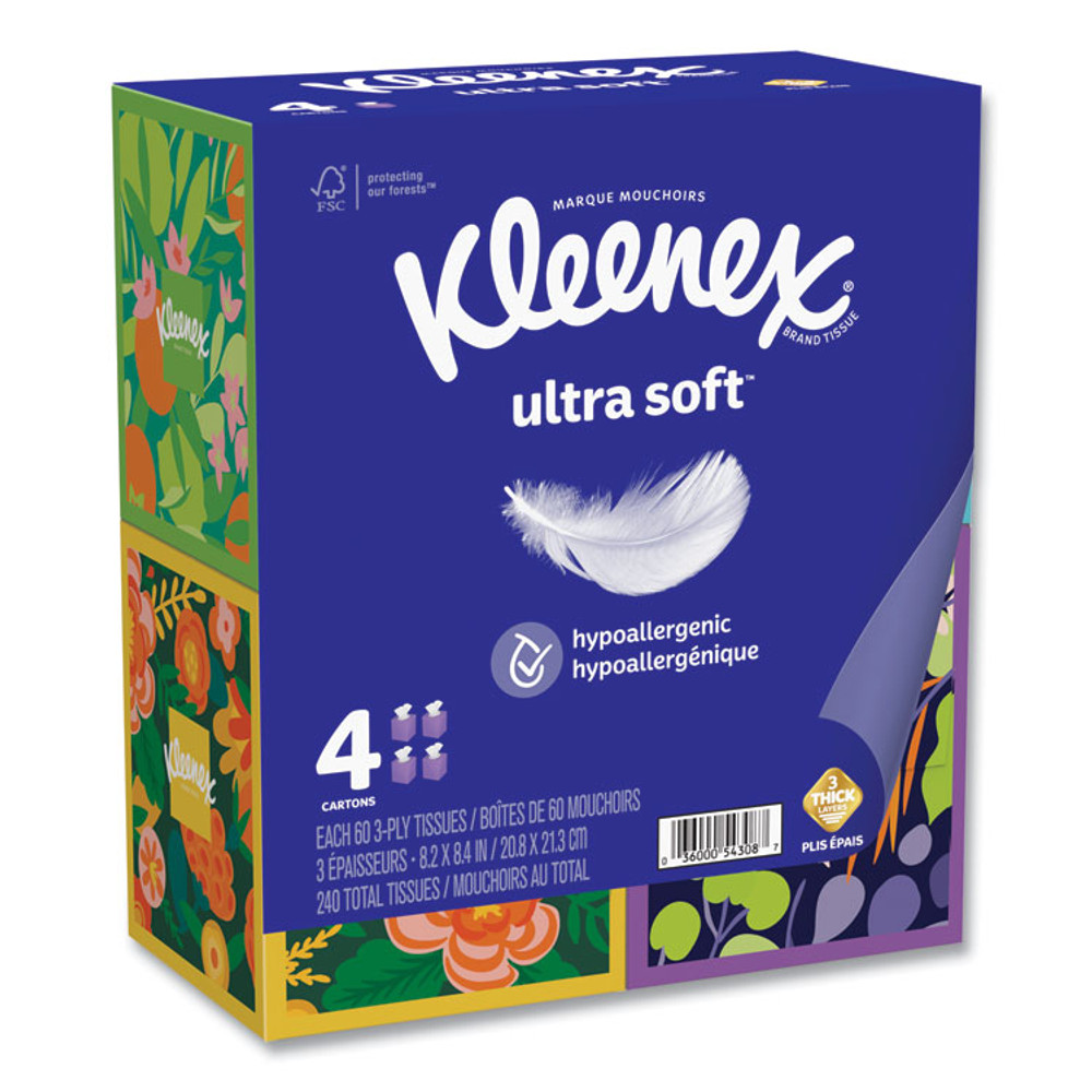 KIMBERLY-CLARK PROFESSIONAL Kleenex® 54308 Ultra Soft Facial Tissue, 3-Ply, White, 60 Sheets/Box, 4 Boxes/Pack, 12 Packs/Carton