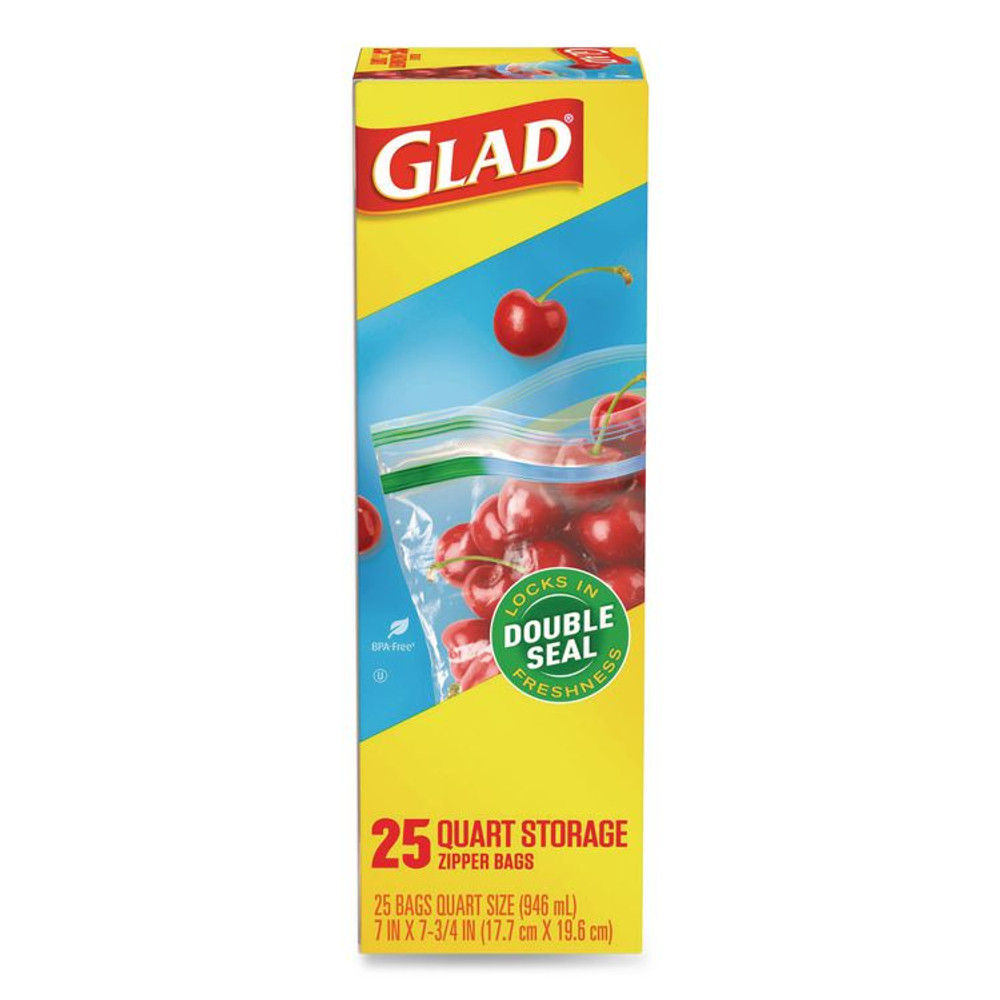 CLOROX SALES CO. Glad® 55052 Zipper Food Storage Plastic Bags, Quart Size, 7.75 x 7, Clear, 25 Bags/Box, 12 Boxes/Carton