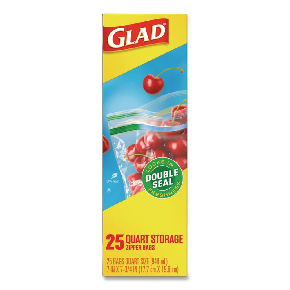 CLOROX SALES CO. Glad® 55052 Zipper Food Storage Plastic Bags, Quart Size, 7.75 x 7, Clear, 25 Bags/Box, 12 Boxes/Carton
