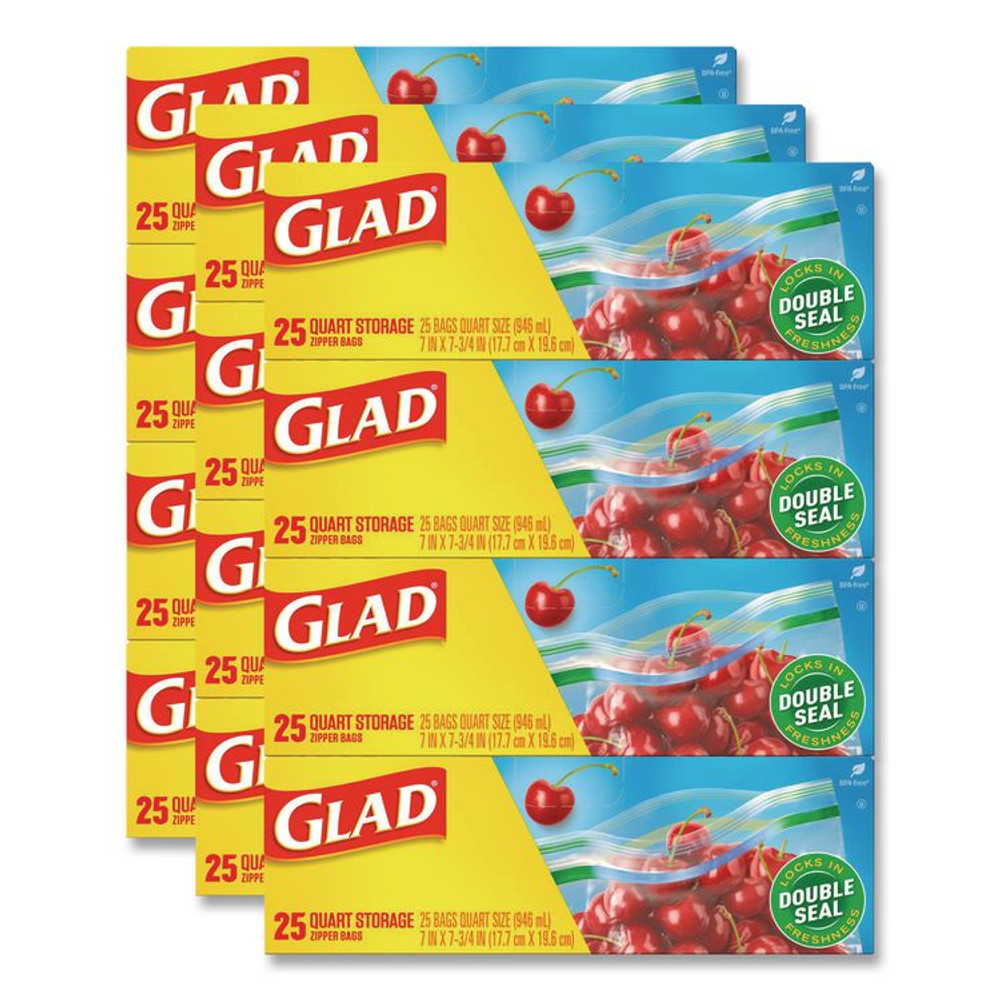 CLOROX SALES CO. Glad® 55052 Zipper Food Storage Plastic Bags, Quart Size, 7.75 x 7, Clear, 25 Bags/Box, 12 Boxes/Carton