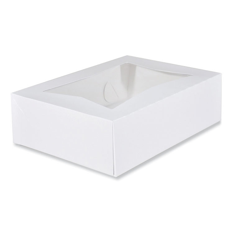 SOUTHERN CHAMPION TRAY SCT® 24263 White Window Bakery Boxes with Attached Flip Top, 4-Corner Beers Design, 14 x 10 x 4, White, Paper, 100/Carton