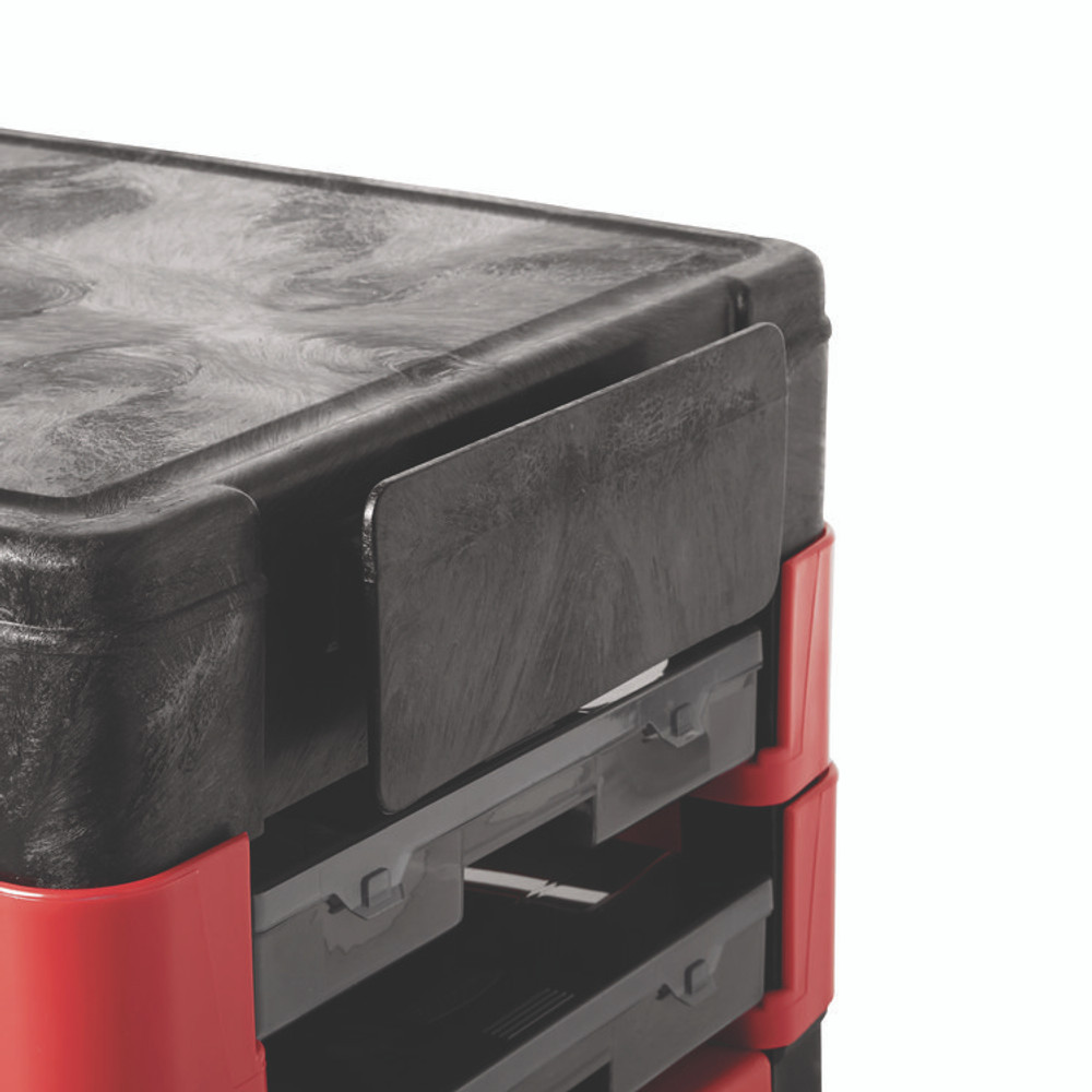 RUBBERMAID COMMERCIAL PROD. 6180-88 BLA Trades Cart with Locking Storage Area, Plastic, 2 Shelves, 2 Drawers, 330 lb Capacity, 19.25" x 38" x 33.38", Black