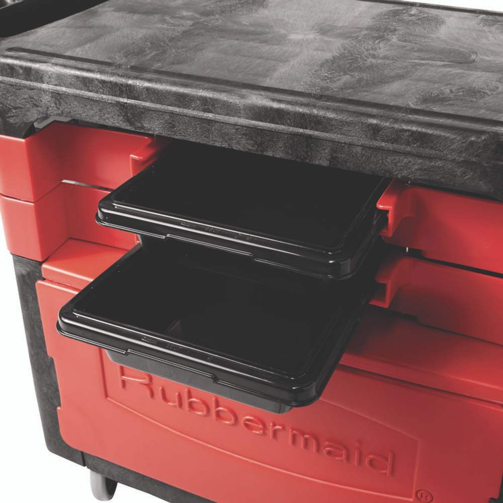 RUBBERMAID COMMERCIAL PROD. 6180-88 BLA Trades Cart with Locking Storage Area, Plastic, 2 Shelves, 2 Drawers, 330 lb Capacity, 19.25" x 38" x 33.38", Black