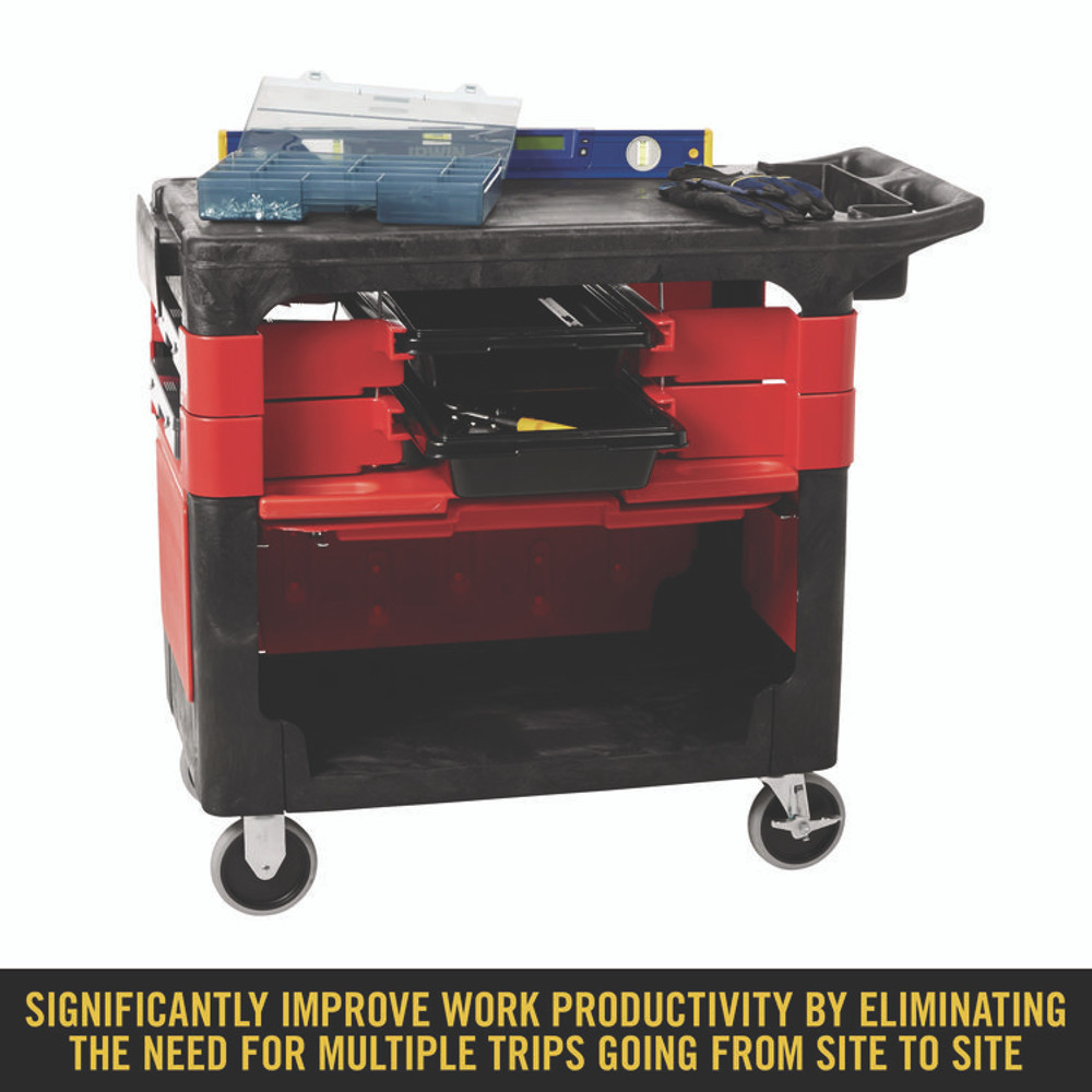 RUBBERMAID COMMERCIAL PROD. 6180-88 BLA Trades Cart with Locking Storage Area, Plastic, 2 Shelves, 2 Drawers, 330 lb Capacity, 19.25" x 38" x 33.38", Black