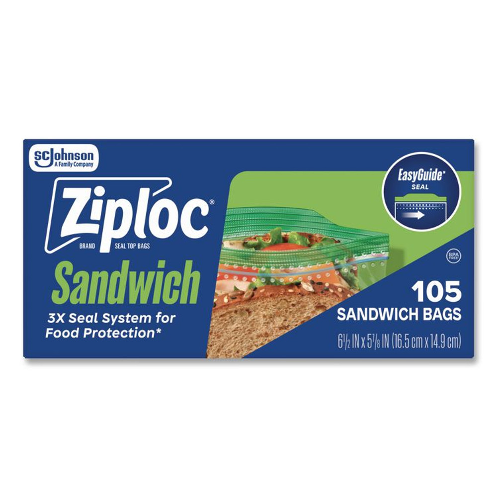 SC JOHNSON Ziploc® 383211 Resealable Sandwich Bags, 6.5" x 5.88", Clear, 105 Bags/Box, 12 Boxes/Carton