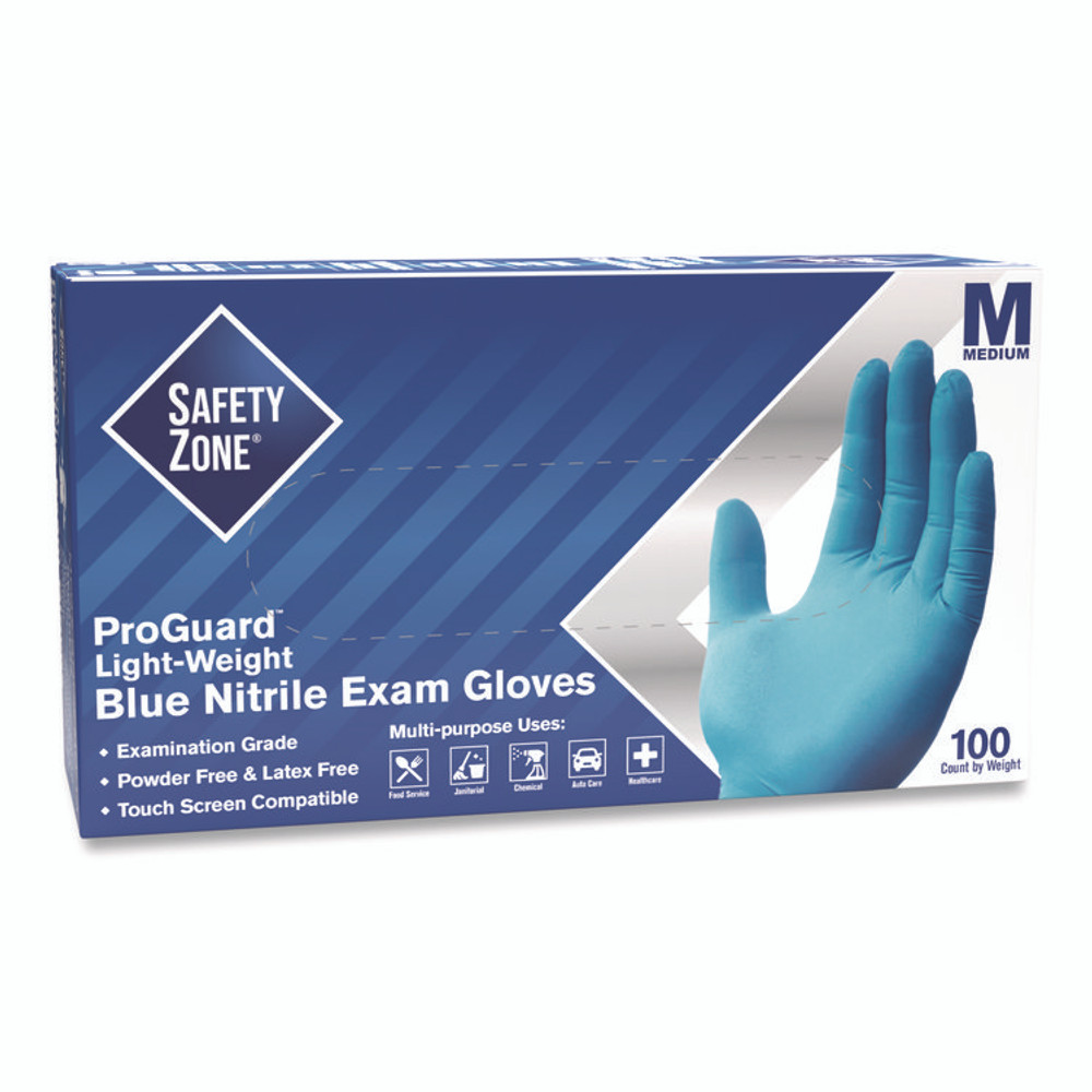 IMPACT PRODUCTS, LLC Safety Zone® GNPRMD1A ProGuard Nitrile Gloves, Powder-Free, Medium, 3 mil (Palm), 3.5 mil (Fingers), Blue, 100/Box, 10 Boxes/Carton