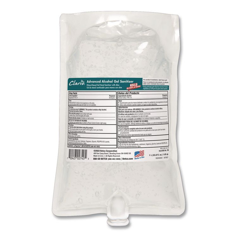 BETCO CORPORATION 1962900 Advanced Gel Hand Sanitizer, Light and Fresh Scent, 1,000 mL Bag, 6/Carton