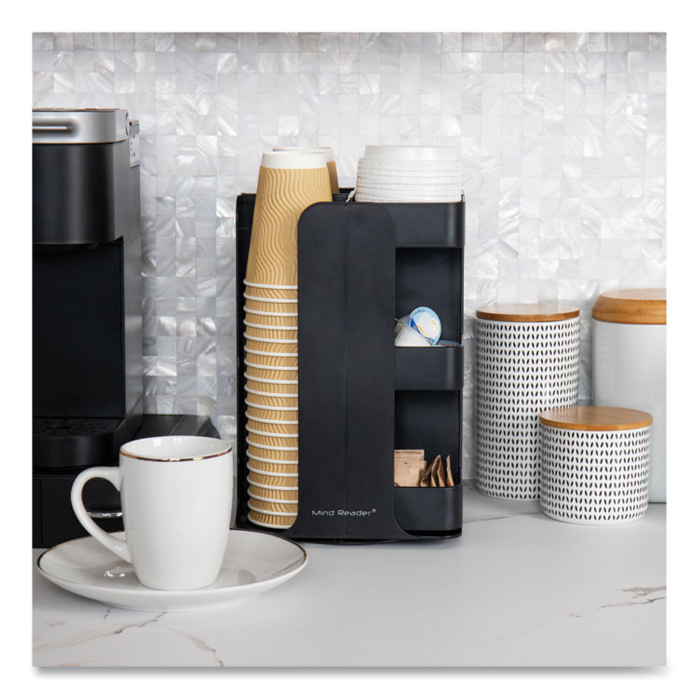EMS MIND READER LLC CUPOSPINBLK Anchor Collection 8-Compartment Coffee Cup, Lid, and Condiment Carousel Countertop Organizer, 8 x 8 x 12, Black