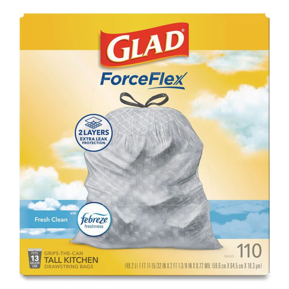 CLOROX SALES CO. Glad® 78563CT ForceFlex Tall Kitchen Drawstring Trash Bags, Drawstring, 13 gal, Fresh Clean Scent, 10.19 x 9.81, Gray, 110/Roll, 3/Carton