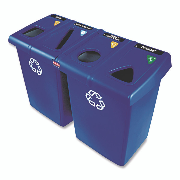 RUBBERMAID COMMERCIAL PROD. 1792372 Glutton Recycling Station, Four-Stream, 92 gal, Plastic, Blue