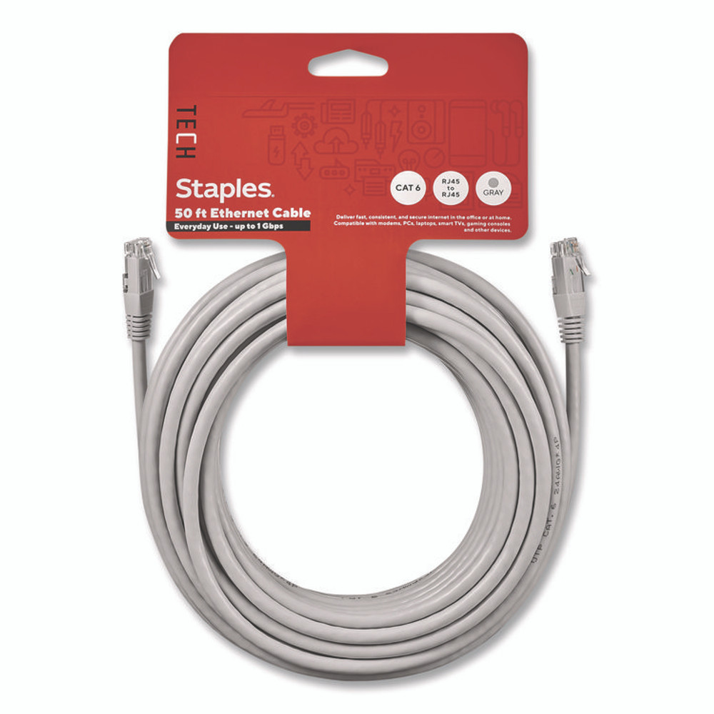 STAPLES BRANDS GROUP TECH ST62447 CAT6 Ethernet Cable, 50 ft, Gray