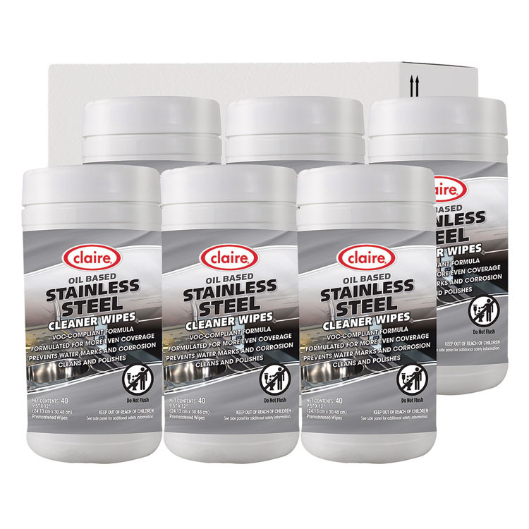 PLZ CORP Claire® 993 Stainless Steel Cleaner Wipes, 9.5 x 12, Citrus, Purple, 40 Wipes/Canister, 6 Canisters/Carton
