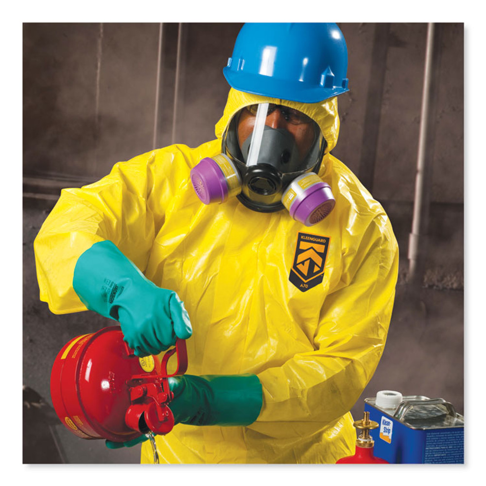 SMITH AND WESSON KleenGuard™ 09813 A70 Chemical Spray Protection Coveralls, Elastic Wrists, Ankles, Hood, Large, Yellow, 12/Carton