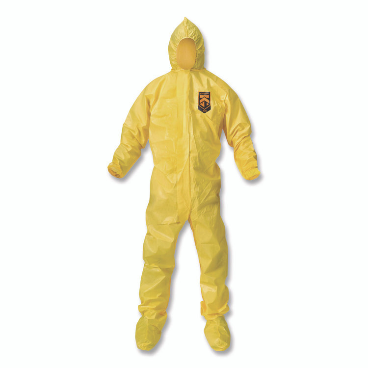 SMITH AND WESSON KleenGuard™ 00682 A70 Chemical Spray Protection Coveralls, Elastic Wrists, Ankles, Hood and Boots, Medium, Yellow, 12/Carton