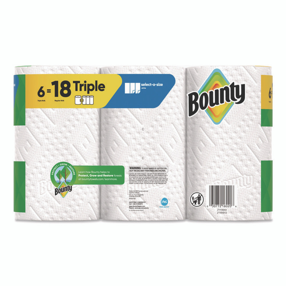 PROCTER & GAMBLE Bounty® 16020 Select-a-Size Kitchen Roll Paper Towels, 2-Ply, 5.9 x 11, White, 123 Sheets/Triple Roll, 6 Rolls/Carton