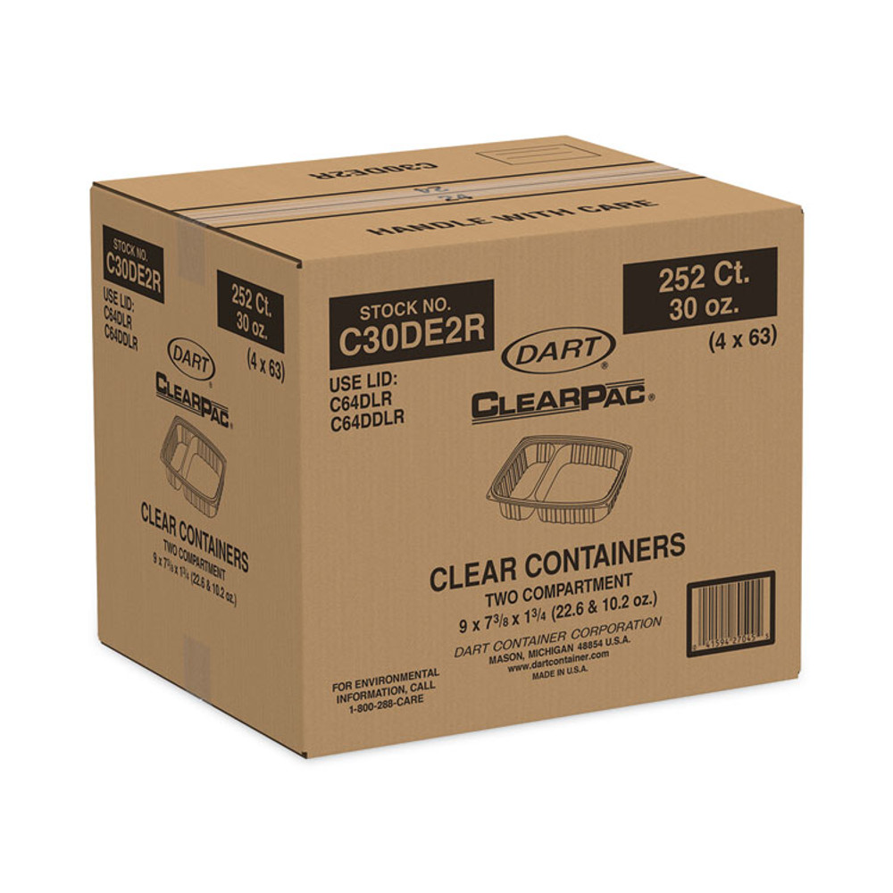 DART C30DE2R ClearPac Containers, 2 Compartments, 32.8 oz, 7.4 x 9 x 1.7, Clear, Plastic, 63/Pack, 4 Packs/Carton