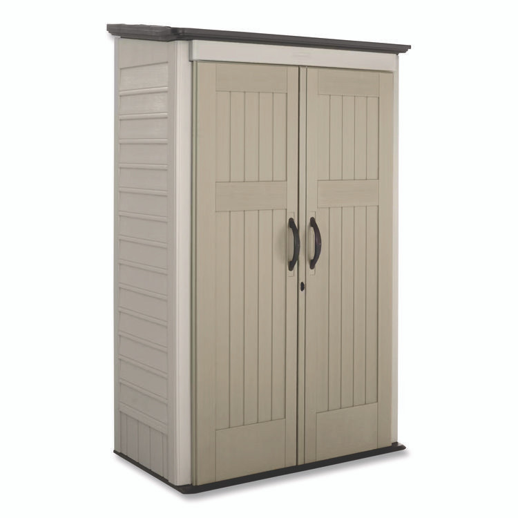 RUBBERMAID 5L3000SDONX Vertical Storage Shed, 53 cu ft, 2.5 ft x 4 ft x 7 ft, Sandstone/Faint Maple