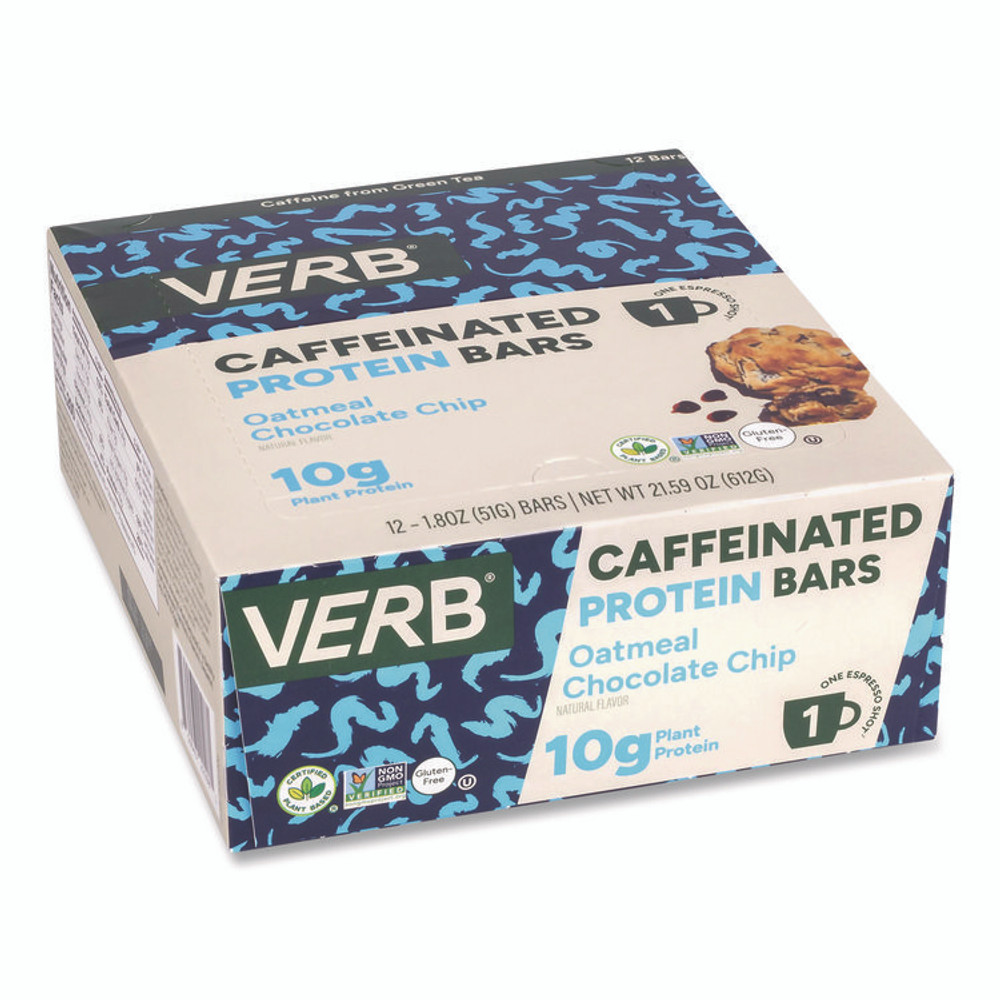 VERB ENERGY 22002523 Caffeinated Protein Bar, Oatmeal Chocolate Chip, 1.8 oz Bar, 12/Box
