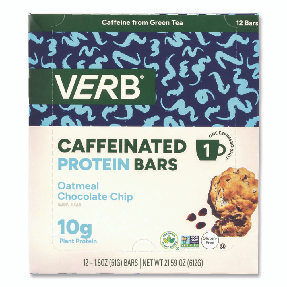 VERB ENERGY 22002523 Caffeinated Protein Bar, Oatmeal Chocolate Chip, 1.8 oz Bar, 12/Box