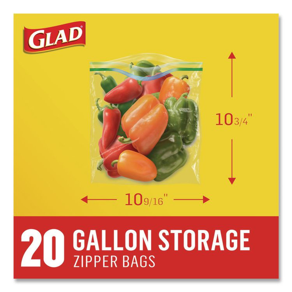 CLOROX SALES CO. Glad® 55050 Zipper Food Storage Plastic Bags, Gallon Size, 10.75 x 10.19, Clear, 20 Bags/Box, 12 Boxes/Carton