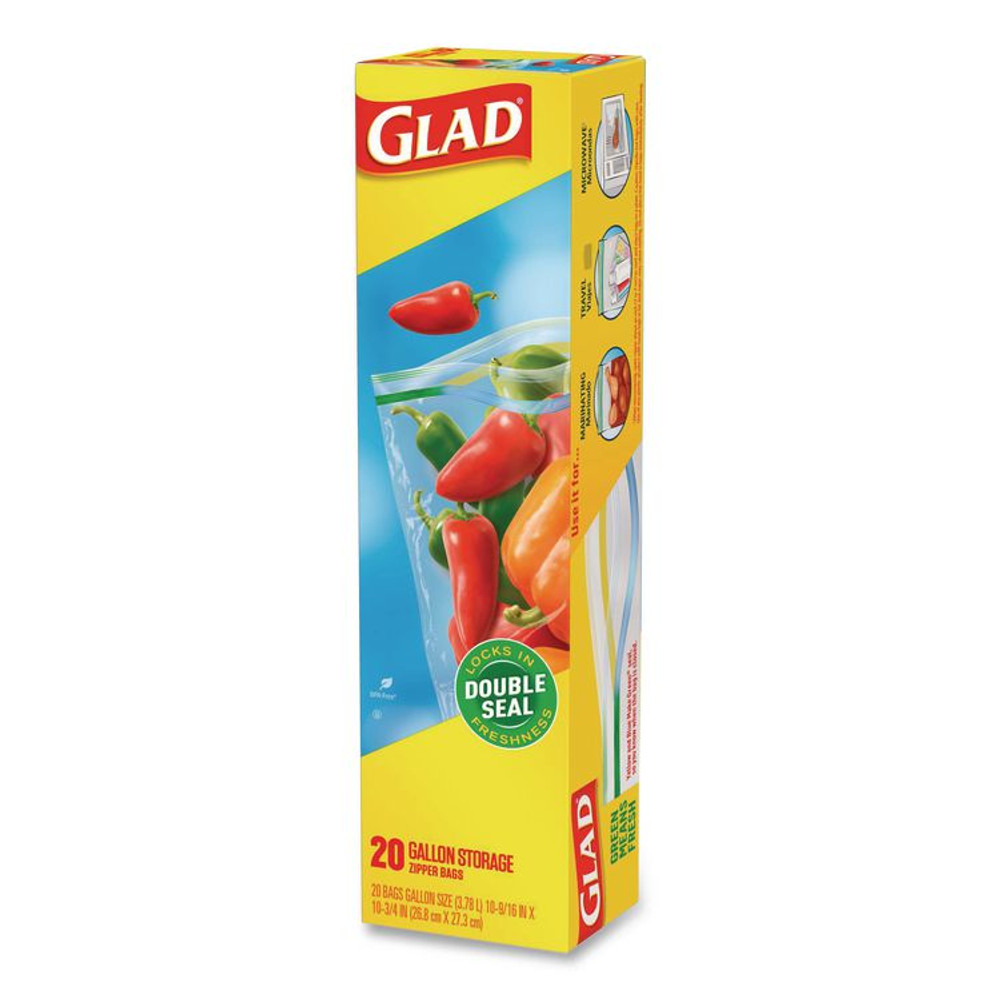 CLOROX SALES CO. Glad® 55050 Zipper Food Storage Plastic Bags, Gallon Size, 10.75 x 10.19, Clear, 20 Bags/Box, 12 Boxes/Carton