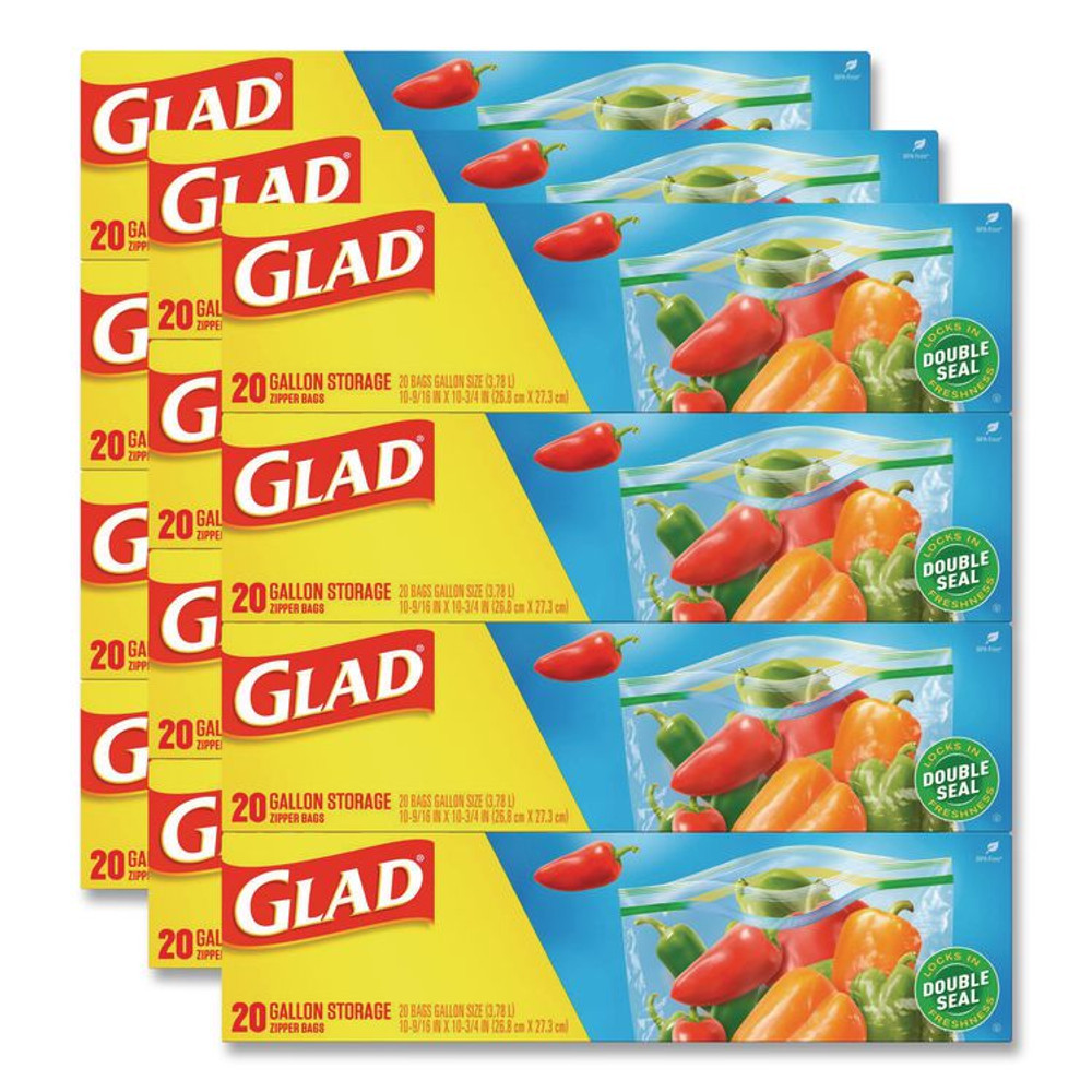 CLOROX SALES CO. Glad® 55050 Zipper Food Storage Plastic Bags, Gallon Size, 10.75 x 10.19, Clear, 20 Bags/Box, 12 Boxes/Carton