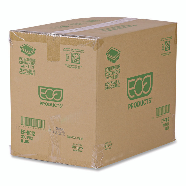 ECO-PRODUCTS,INC. EP-RC12 Renewable and Compostable Rectangular Deli Containers with Lid, 12 oz, 2 x 4 x 2, Clear, Plastic, 100/Pack, 3 Packs/Carton