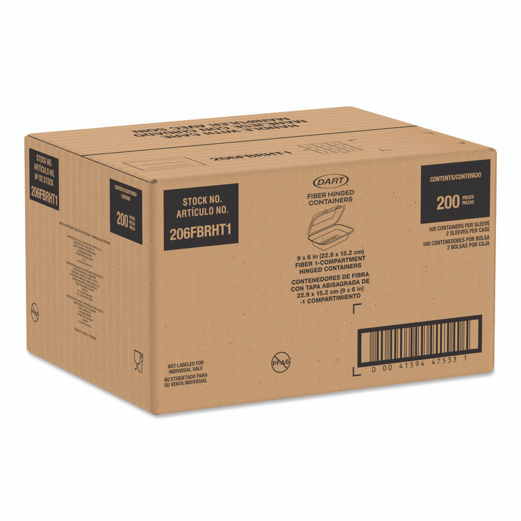 DART 206FBRHT1 Compostable Molded Fiber Hinged Trays, ProPlanet Seal, 6.41 x 9.22 x 3, Natural, 200/Carton