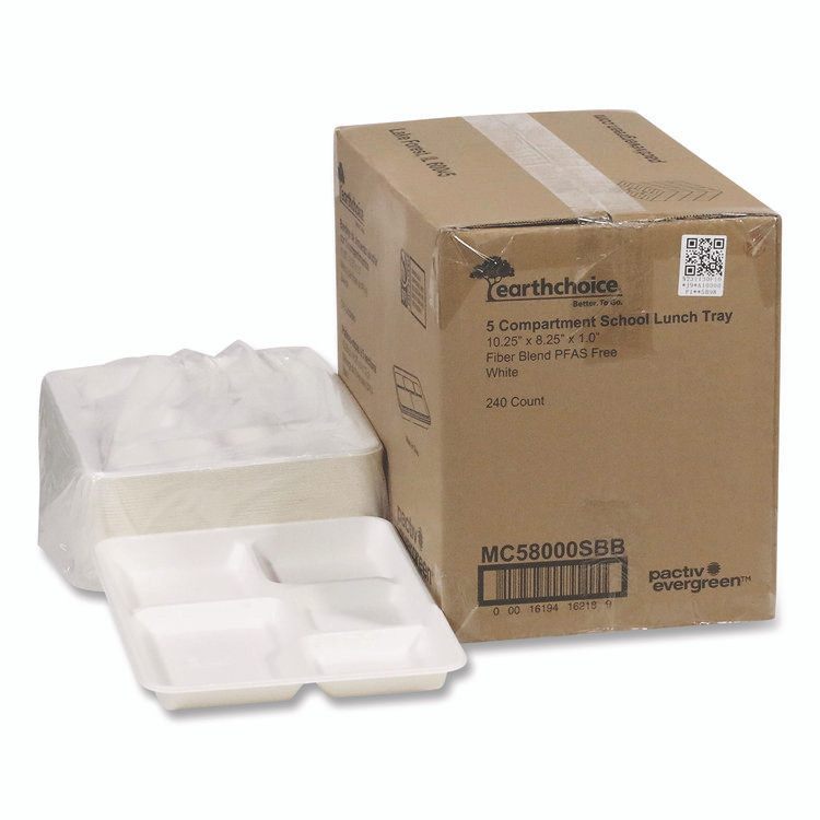 PACTIV EVERGREEN CORPORATION MC58000SBB Compostable Fiber Blend School Lunch Tray, 10 x 8 x 1, White, 240/Carton