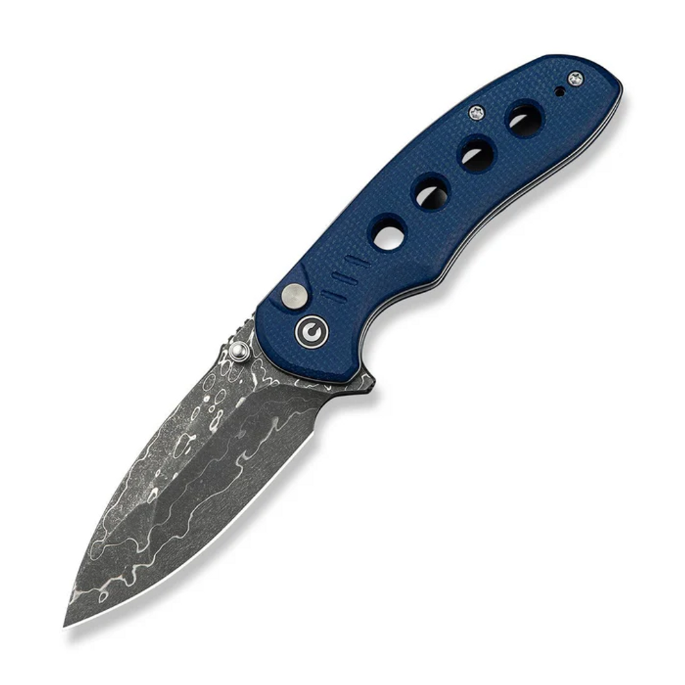CIVIVI Knives C23085B-DS1 CIVIVI Triptych Flipper & Thumb Stud & Button Lock Knife Blue Canvas Micarta Handle (2.97"" Damascus Blade)