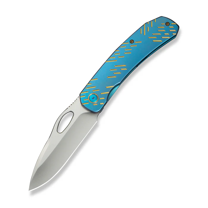 We Knife WE23096B-3 WEKNIFE Inmate Front Flipper & Thumb Hole Knife Blue Titanium Handle With Golden Raindrops (3.7"" Satin Finished CPM 20CV Blade)