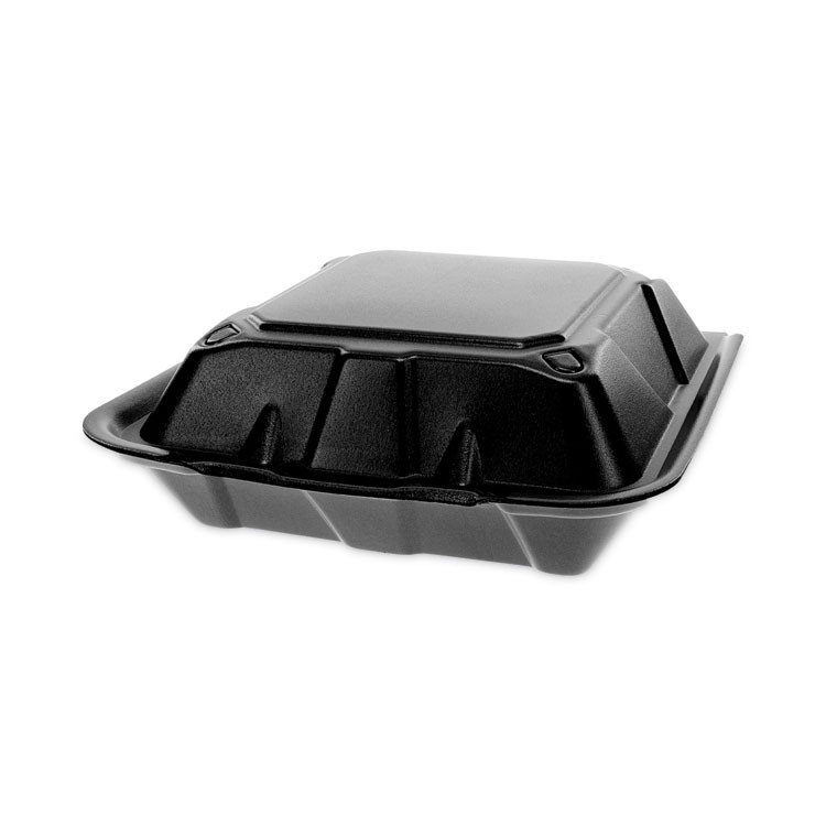 PACTIV EVERGREEN CORPORATION YTDB99010000 Vented Foam Hinged Lid Container, Dual Tab Lock, 9.1 x 9 x 3.3, Black, 150/Carton