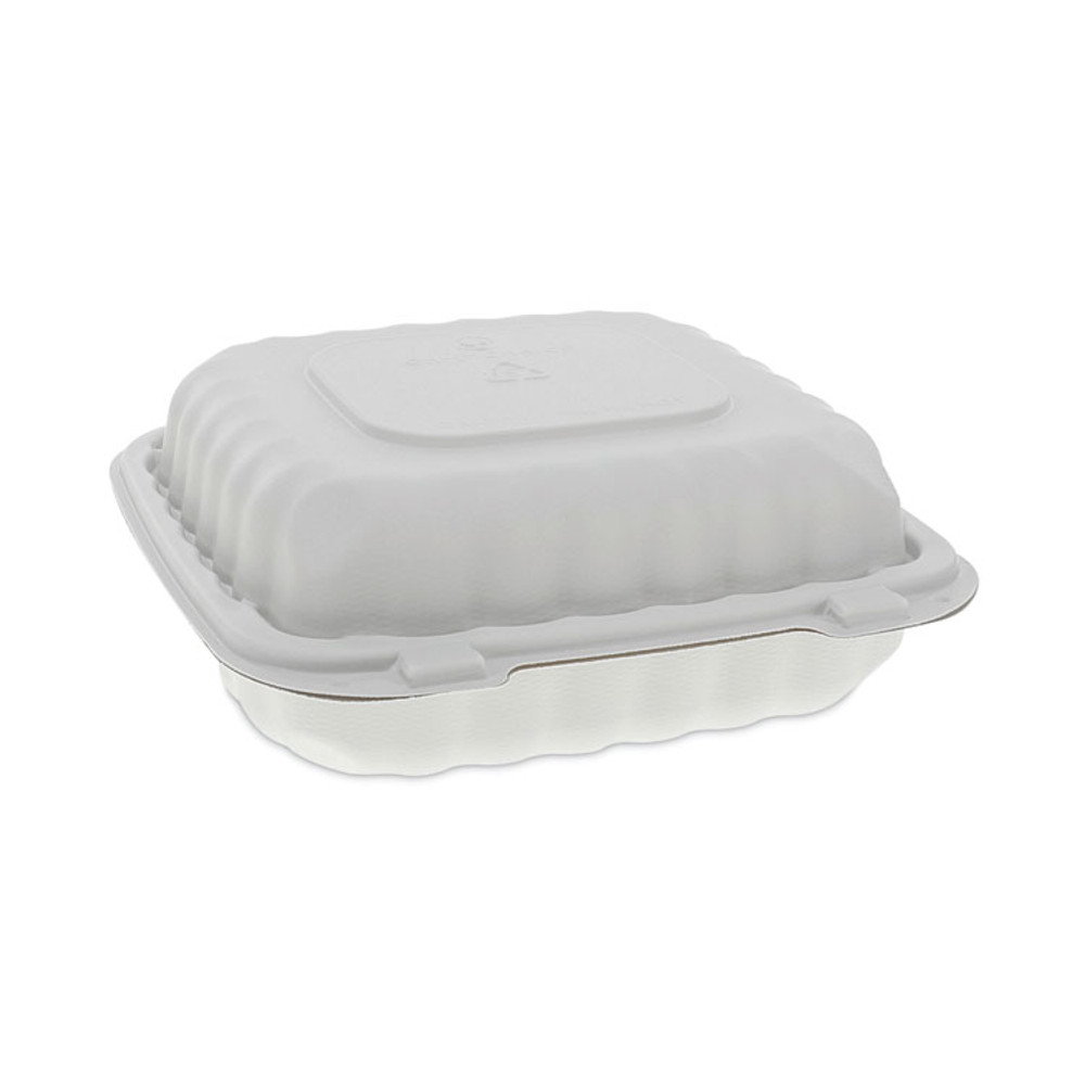 PACTIV EVERGREEN CORPORATION YCN808030000 EarthChoice SmartLock Microwavable MFPP Hinged Lid Container, 3 Compartments, 8.31 x 8.35 x 3.1, White, Plastic, 200/Carton